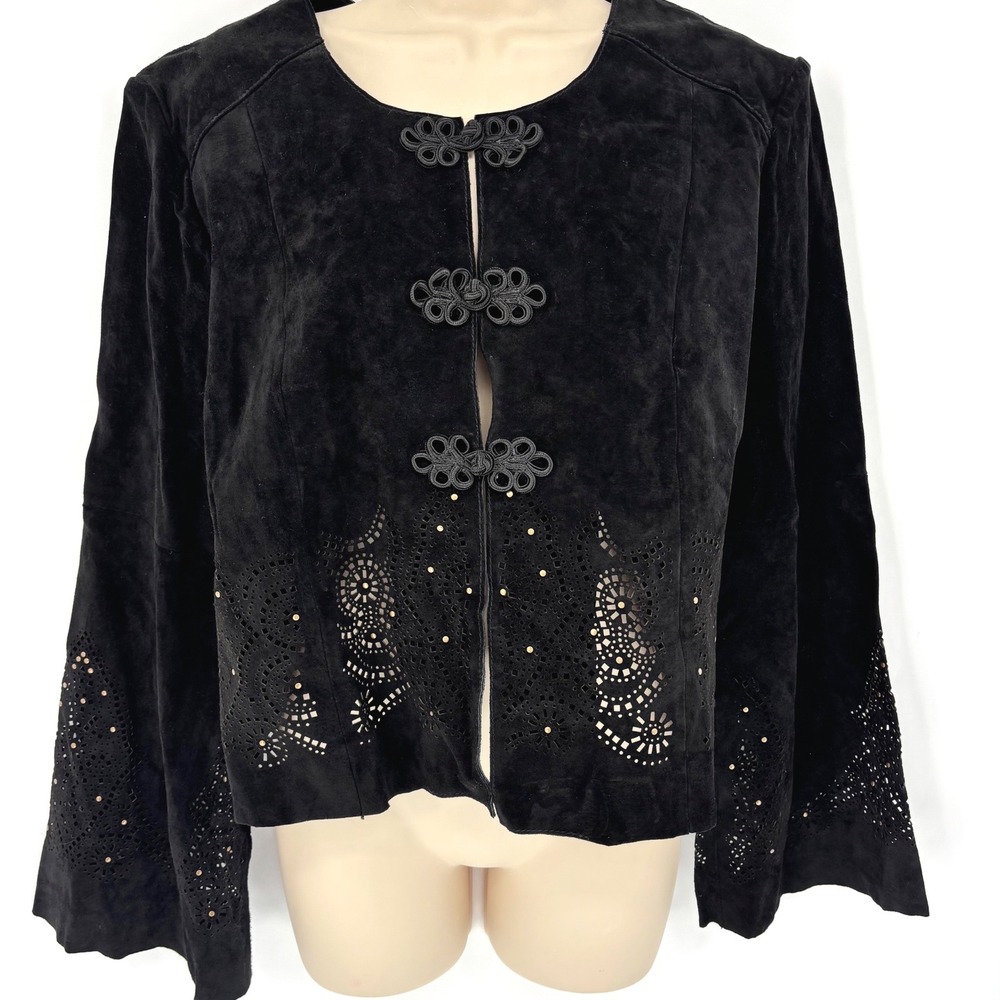 Spiegel Black Suede Leather Laser Cut Perforated Frog Closure Jacket Sz 14
